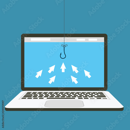 Computer arrow Icons are like Fish gathering to Click a Bait Concept. Editable Clip Art. - Vector