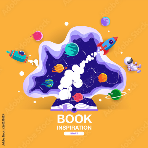 open book, space background, school, reading and learning , Imagination and inspiration picture. Fantasy and creative ,Vector flat illustration.
