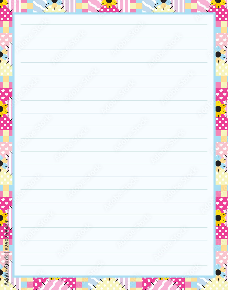 Vector printing paper note, optimal A4 size. Kawaii paper blank for notebook, handwriting letters, diary, planners, notes. Abstract illustration in patchwork, quilting, textile style. Lined version Vector printing paper note, optimal A4 size. Kawaii paper blank for notebook, handwriting letters, diary, planners, notes. Abstract illustration in patchwork, quilting, textile style. Lined version
