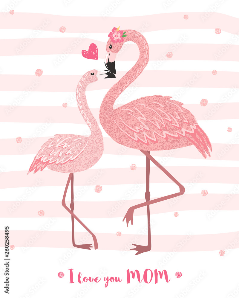 Fototapeta premium Cute pink flamingo mom with its baby.