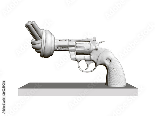 Statue of revolver with twisted barrel, No to violence. 3D. Polygonal revolver on isolated white background. Monument against wear in Sweden. Vector illustration