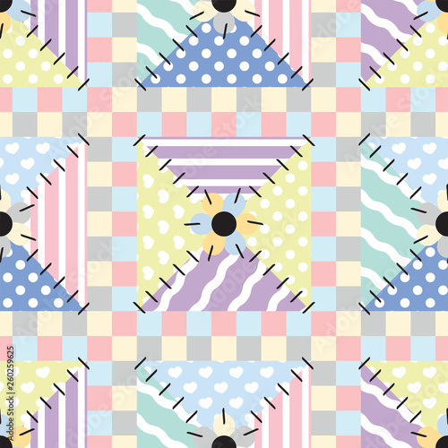 Vector seamless endless pattern.  Patchwork pattern, folk style texture. Lovely quilt with imitation of sewing, stitched patches. Abstract design, perfect for fabric, background, wallpaper, ornament