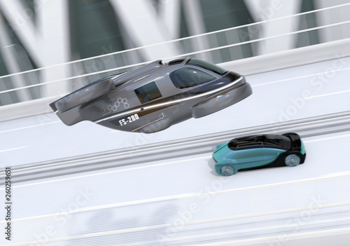 Self-driving Passenger Drone Taxi flying over an autonomous electric car driving on the highway. MaaS concept. 3D rendering image.