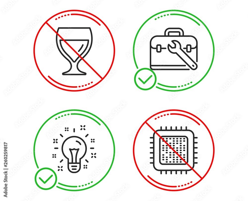 Do or Stop. Tool case, Idea and Wine glass icons simple set. Cpu processor sign. Repair service, Creativity, Cabernet wineglass. Computer component. Business set. Line tool case do icon. Vector