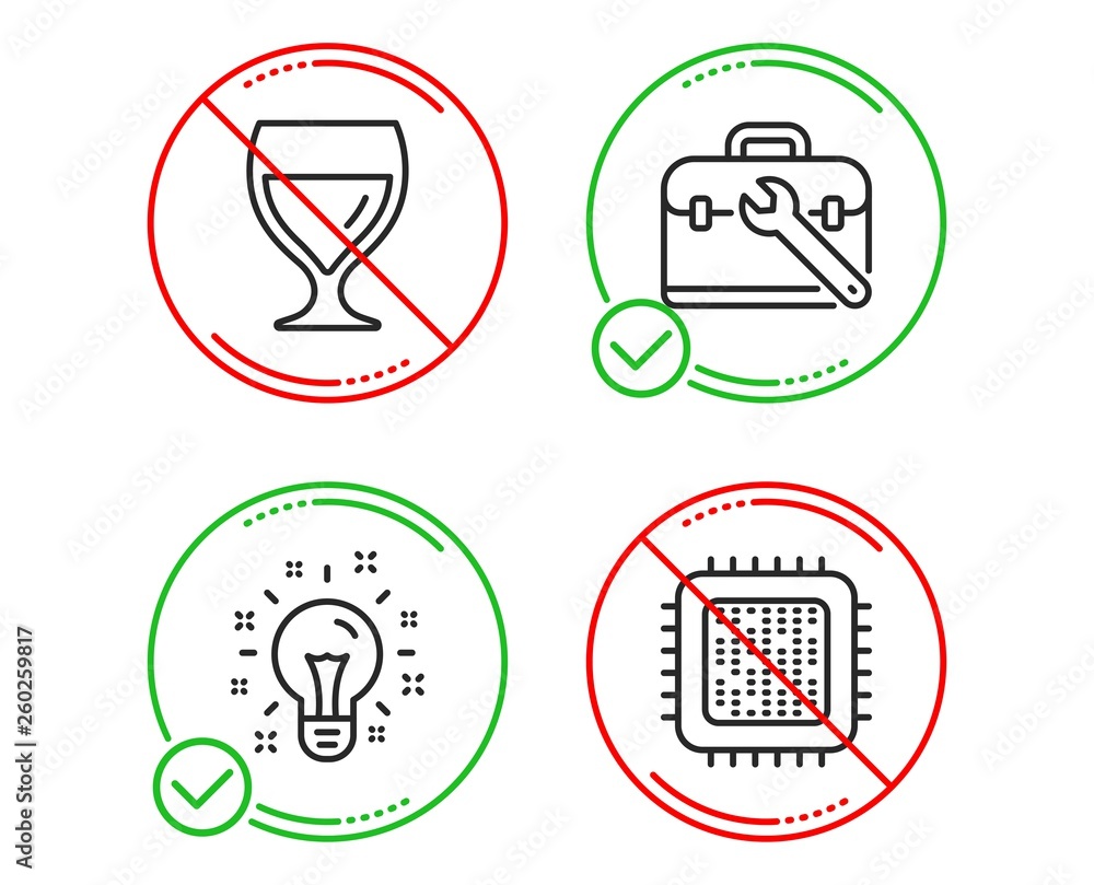 Do or Stop. Tool case, Idea and Wine glass icons simple set. Cpu processor sign. Repair service, Creativity, Cabernet wineglass. Computer component. Business set. Line tool case do icon. Vector Do or Stop. Tool case, Idea and Wine glass icons simple set. Cpu processor sign. Repair service, Creativity, Cabernet wineglass. Computer component. Business set. Line tool case do icon. Vector