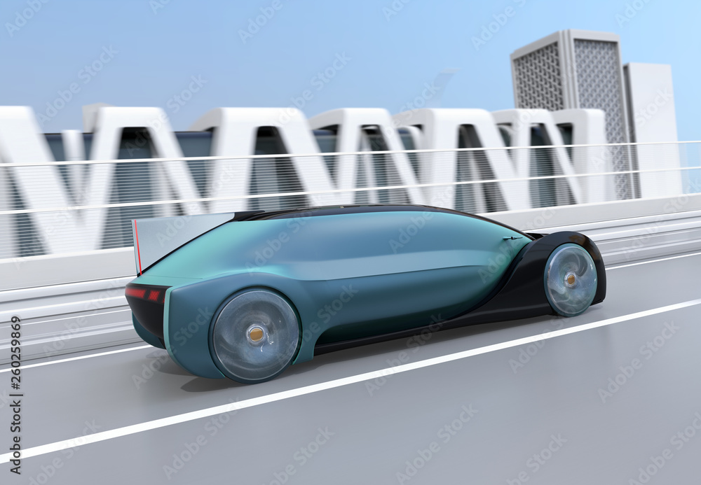 Rear view of metallic blue autonomous electric car moving fast on the highway. 3D rendering image.