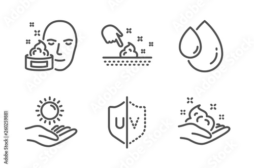 Oil drop, Face cream and Skin moisture icons simple set. Uv protection, Sun protection and Skin care signs. Serum, Gel. Beauty set. Line oil drop icon. Editable stroke. Vector