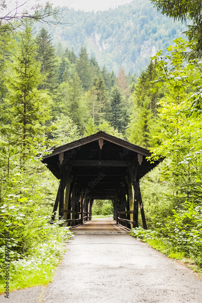 wooden covered bridge crossing a river surrounded by forest wooden covered bridge crossing a river surrounded by forest
