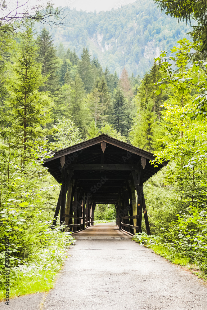 wooden covered bridge crossing a river surrounded by forest