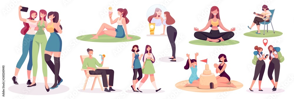 Crowd of people performing summer outdoor activities - walking dogs, riding bicycle, skateboarding. Group of male and female flat cartoon characters isolated on white background. Vector illustration.
