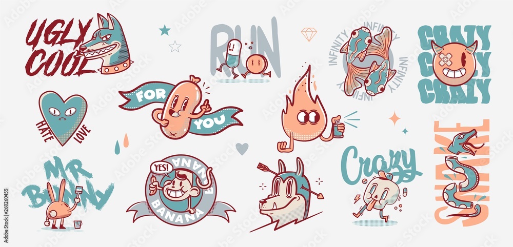 Fototapeta premium Old school tattoo elements. Cartoon tattoos in funny style. Vector illustration.