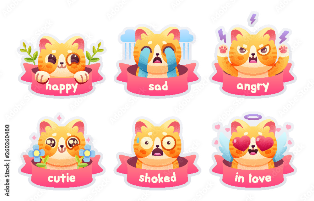 Obraz premium Set of cute cat emoticons badges, patches, stickers. Vector illustration