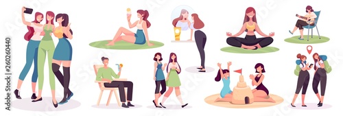 Crowd of people performing summer outdoor activities - walking dogs, riding bicycle, skateboarding. Group of male and female flat cartoon characters isolated on white background. Vector illustration.