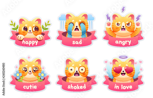 Set of cute cat emoticons badges  patches  stickers. Vector illustration