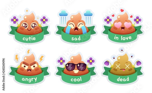 Cute funny poop set. Emotional shit icons. Happy emoji, emoticons. Smiling faces symbols. Vector illustration.