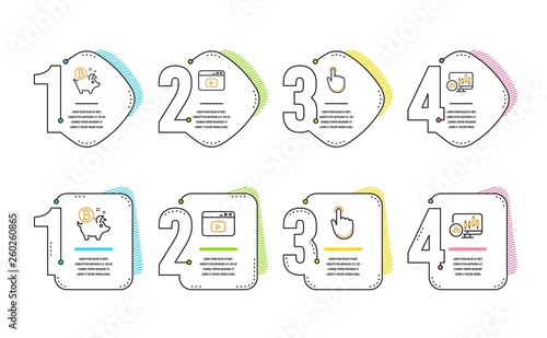 Bitcoin coin, Hand click and Video content icons simple set. Candlestick chart sign. Piggy bank, Location pointer, Browser window. Report analysis. Business set. Infographic timeline. Vector