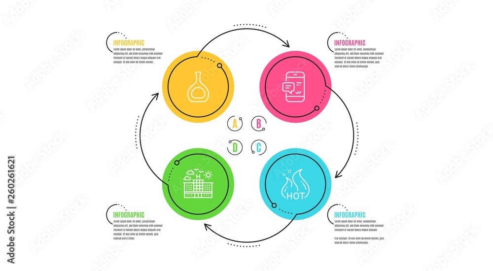 Hotel, Cognac bottle and Smartphone notification icons simple set. Infographic timeline. Hot sale sign. Travel, Brandy alcohol, Chat message. Shopping flame. Business set. Cycle infographic. Vector Hotel, Cognac bottle and Smartphone notification icons simple set. Infographic timeline. Hot sale sign. Travel, Brandy alcohol, Chat message. Shopping flame. Business set. Cycle infographic. Vector
