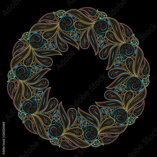 Mandala-round colored ornament with paisley. Vector print.