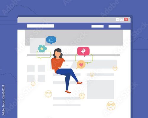 Social media webpage concept vector gradient illustration of young woman sitting in the page using laptop for reading news, sharing memes. Flat people addicted to networks