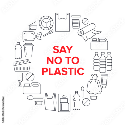 Stop using plastic circle template with flat line icons. Polyethylene pollution awareness vector illustration for poster. Thin signs of plastics waste, bag, package, canister, bottle, food container
