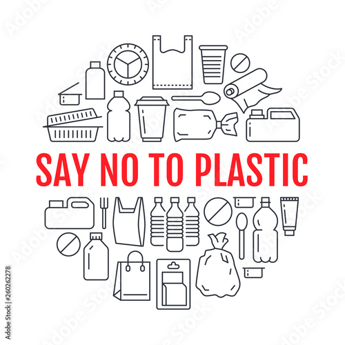 Stop using plastic circle template with flat line icons. Polyethylene pollution awareness vector illustration for poster. Thin signs of plastics waste, bag, package, canister, bottle, food container