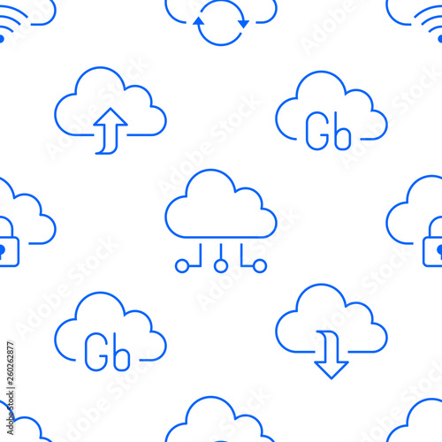 Cloud data storage seamless pattern with line icons. Database background, information server center, global network vector illustrations. Technology blue white wallpaper