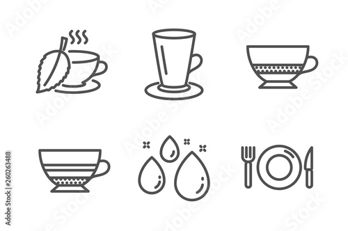 Mint tea  Water drop and Mocha icons simple set. Bombon coffee  Teacup and Food signs. Mentha beverage  Aqua. Food and drink set. Line mint tea icon. Editable stroke. Vector