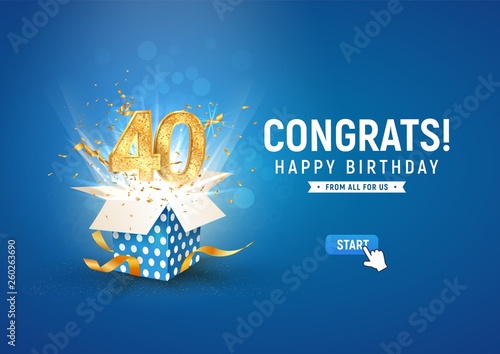 40 th years anniversary banner with open burst gift box. Template fortieth birthday celebration and abstract text on blue background vector illustration
