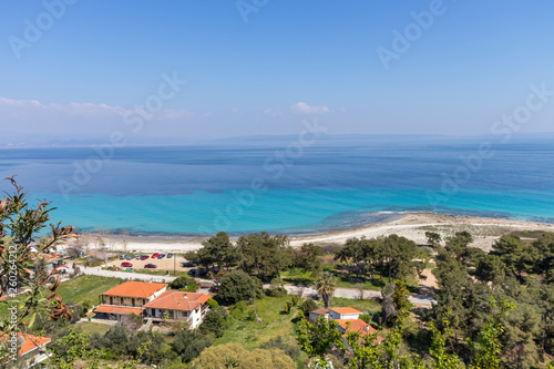 Panoramic view of beach of town of Afytos, Kassandra, Chalkidiki, Central Macedonia, Greece