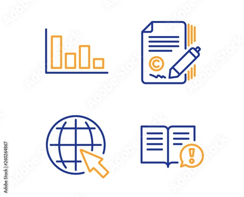 Histogram, Copywriting and Internet icons simple set. Facts sign. Economic trend, Ð¡opyright signature, World web. Important information. Education set. Linear histogram icon. Colorful design set photo