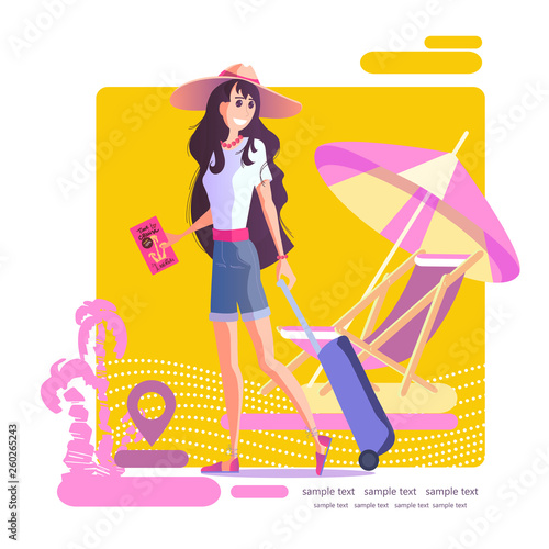 Girl with a suitcase in a hat travels around the world, vector eps 10