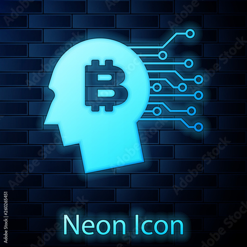 Glowing neon Bitcoin think icon isolated on brick wall background. Cryptocurrency head. Blockchain technology, bitcoin, digital money market, cryptocoin wallet. Vector Illustration
