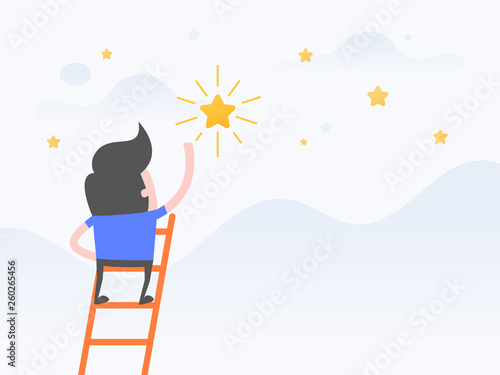 Vector illustration concept of dreams, Goals, Businessman steps onto ladder reaching to the star.