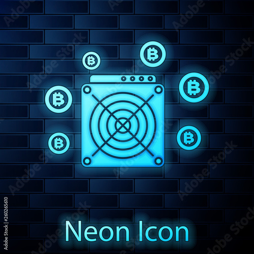 Glowing neon ASIC Miner icon isolated on brick wall background. Cryptocurrency mining equipment and hardware. Application specific integrated circuit. Vector Illustration