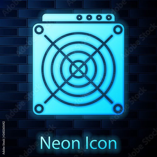 Glowing neon ASIC Miner icon isolated on brick wall background. Cryptocurrency mining equipment and hardware. Application specific integrated circuit. Vector Illustration