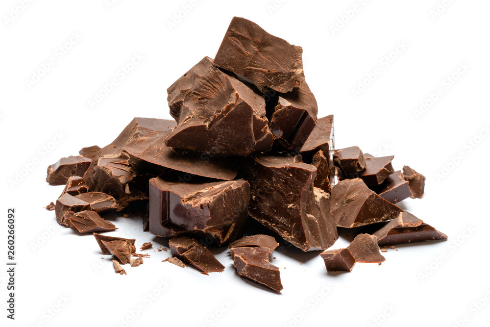 Dark or milk organic chocolate pieces isolated on white background Dark or milk organic chocolate pieces isolated on white background