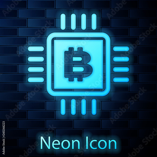 Glowing neon CPU mining farm icon isolated on brick wall background. Bitcoin sign inside microchip. Cryptocurrency mining community. Digital money. Vector Illustration