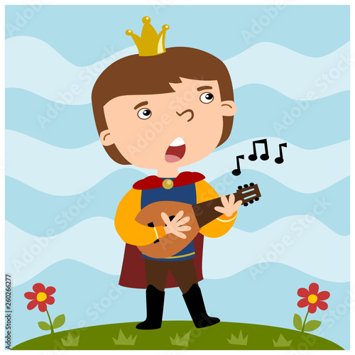 Funny Prince in cartoon style plays the lute and sings © coolpay