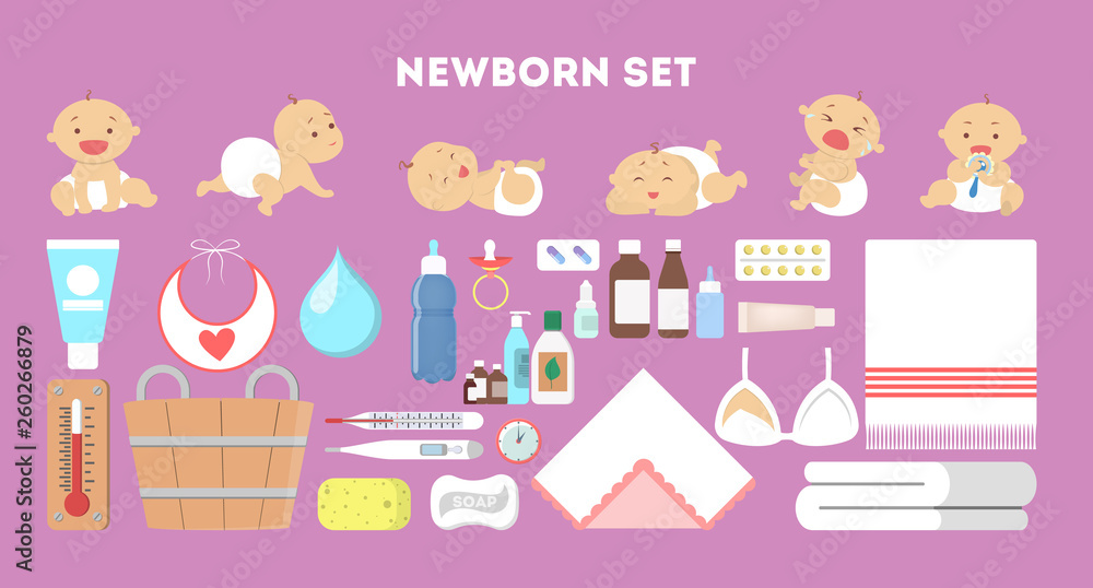 Newborn baby set. Collection of tool for child care. Newborn baby set. Collection of tool for child care.