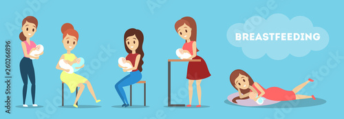 Mother breastfeeding her newborn baby set. Idea of child care