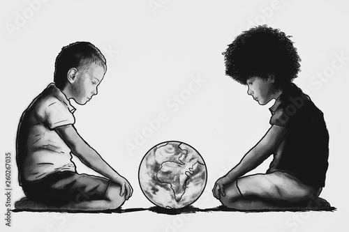 Racial prejudice. A digital illustration with a Caucasian child sitting in front of a black child looking at a globe. Concept of racial prejudice and discrimination.	