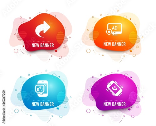Liquid badges. Set of Mobile like, Seo adblock and Share icons. Call center sign. Phone thumbs up, Search engine, Link. Phone support.  Gradient mobile like icon. Flyer fluid design. Abstract shapes