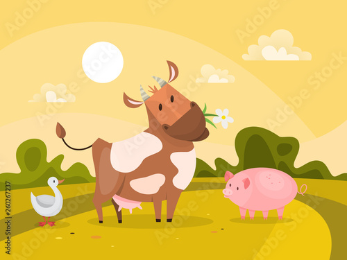 Farm animals outdoors. Cow chewing grass and pig
