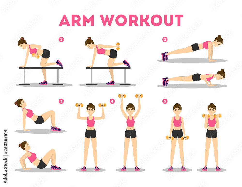Arm workout for woman. Collection of exercise for slim Stock Vector