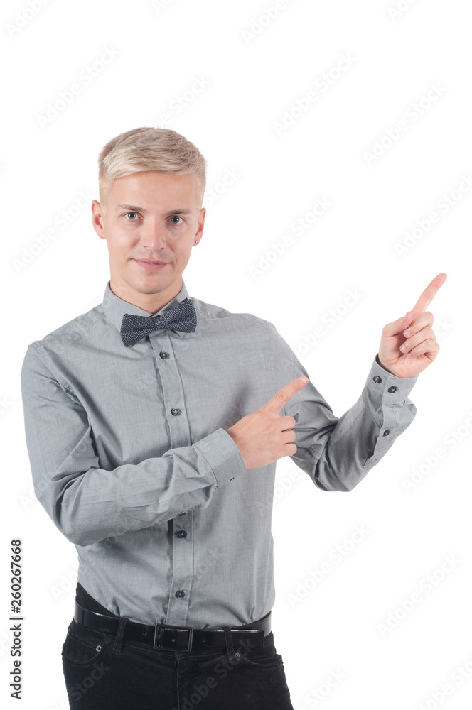 Man in shirt and bow-tie pointing with his fingers Man in shirt and bow-tie pointing with his fingers