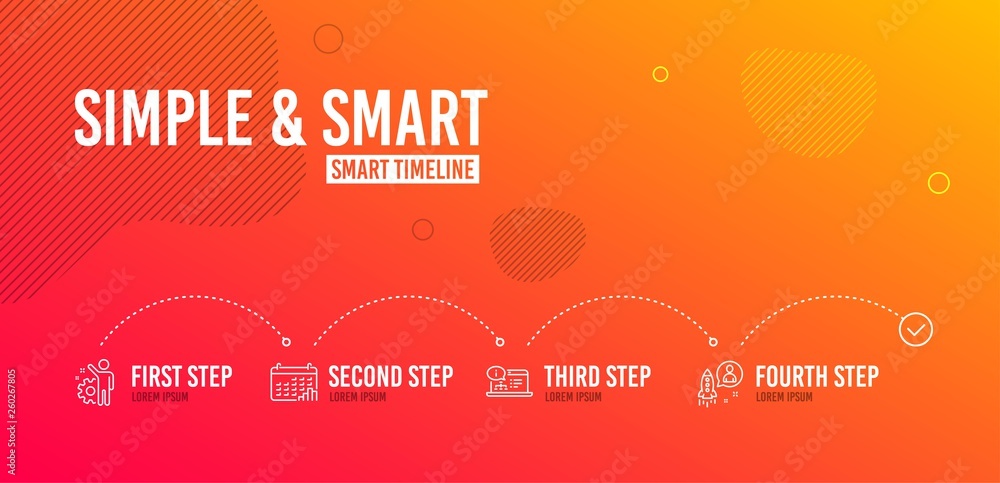 Infographic timeline. Employee, Calendar graph and Online documentation icons simple set. Startup sign. Cogwheel, Annual report, Web engineering. Developer. Education set. 4 steps layout. Vector