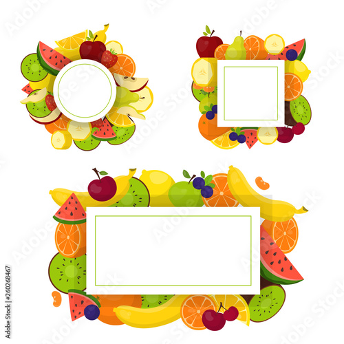 Colorful fruit frame set. Collection of tropical background