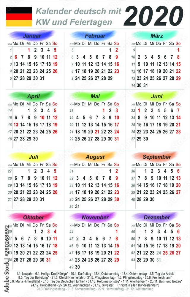 Kalender 2020 - Wasserfarben - hochkant - deutsch - mit Feiertagen (54 x 85  mm) Stock Vector | Adobe Stock