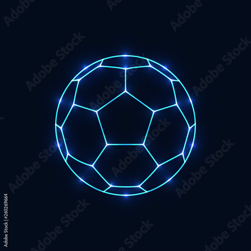 A soccer ball consists of luminous dots. Vector illustration of a starry sky. The construction of the light connection.