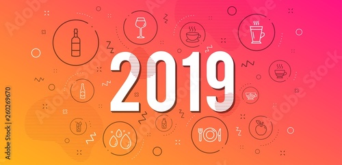 Infographic concept. Brandy bottle, Bordeaux glass and Cold coffee icons simple set. Cappuccino, Food and Water drop signs. Latte, Apple and Water glass symbols. Doppio, Beer bottle. 2019 year